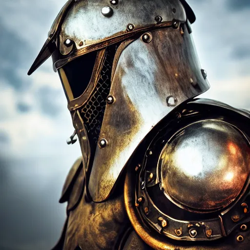 Prompt: steam punk knight wearing magical glowing armor, shallow depth of field, moody lighting, 8 k,