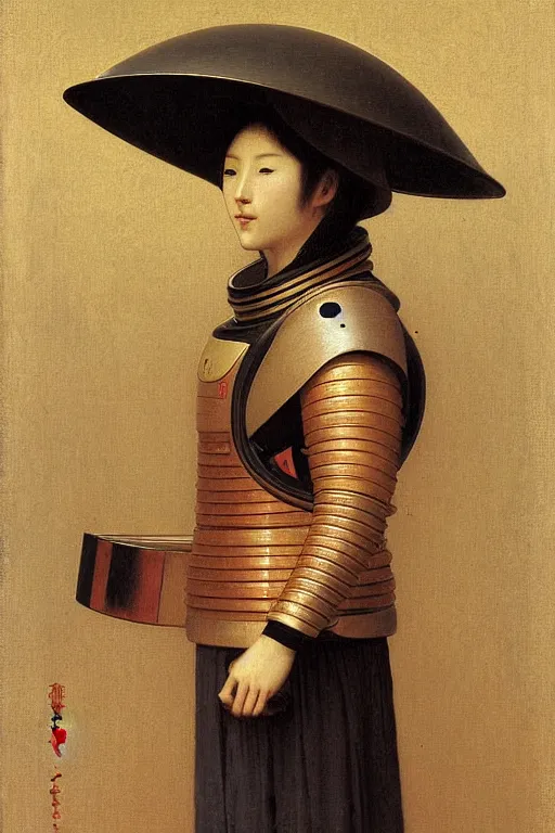 Image similar to portrait of a astronaut in samurai helmets, by bouguereau