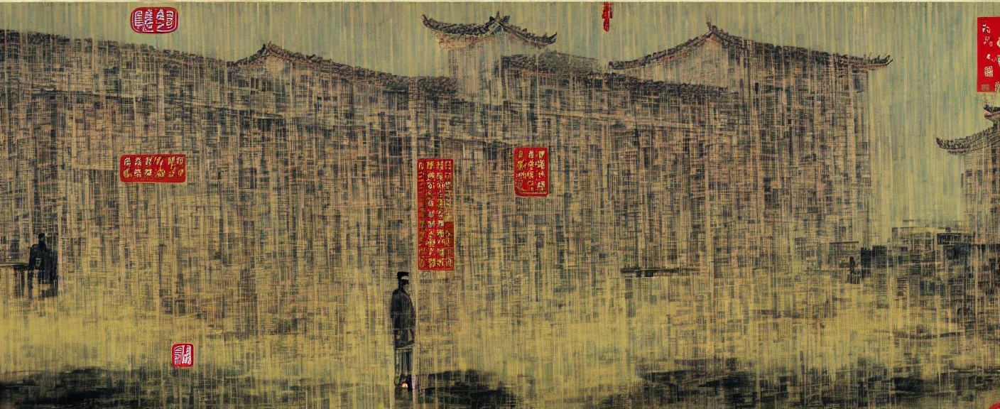 Image similar to a chinese prison near a river by peter doig, muted colors, overlaid with chinese adverts