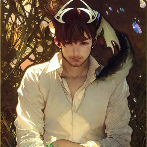 Image similar to Portrait of a pretty fantasy catboy with cat ears. Art by Greg Rutkowski and Alphonse Mucha