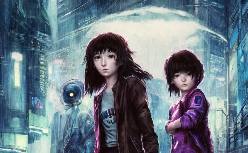 Image similar to an epic fantasy comic book style portrait painting of an extremely cute and adorable very beautiful cyberpunk lain ( serial experiments lain ) and ellie ( the last of us ) in the rain, neon reflections, character design by mark ryden and pixar and hayao miyazaki, unreal 5, daz, hyperrealistic, octane render, cosplay, rpg portrait, dynamic lighting, intricate detail, cinematic