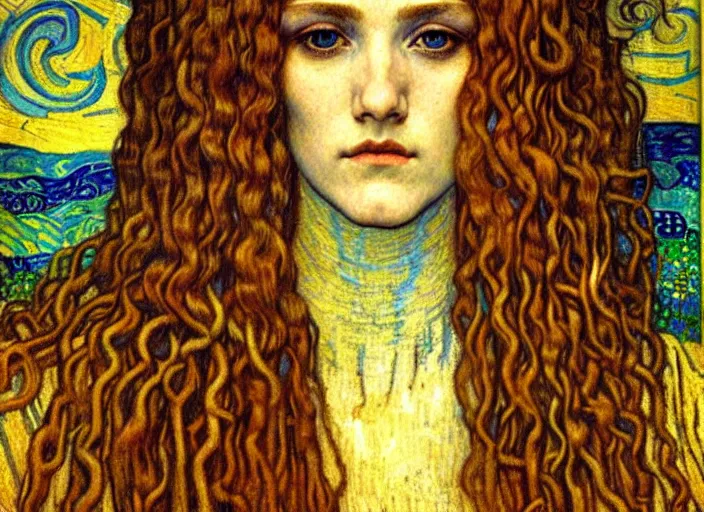 Image similar to detailed realistic beautiful young medieval queen face portrait by jean delville, gustav klimt and vincent van gogh, art nouveau, symbolist, visionary, gothic, pre - raphaelite, muted earthy colors, desaturated