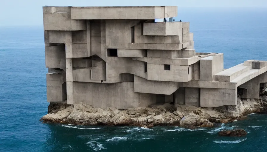 Image similar to big brutalist base perched on a cliff overlooking a magnificient bay, drawing architecture, pritzker architecture prize, greig fraser