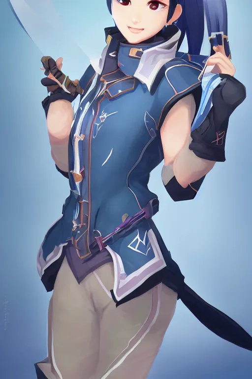 Image similar to a south korean female from paladins, white ponytail hair, she is holding a kunai, wearing light blue jacket, highly detailed digital art, character design, masterpiece