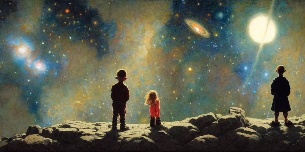 Image similar to a 5 year old boy and 1 2 year old girl looking at a wall and viewing the universe full of galaxies, imagination, part by norman rockwell, part by greg rutkowski, part by mattias adolfsson, high angle, ( ( ( ( volumetric lighting ) ) ) ), oil on canvas