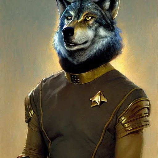 Image similar to a portrait of a wolf dogman canine star trek chief engineer. highly detailed painting by gaston bussiere craig mullins j. c. leyendecker furry