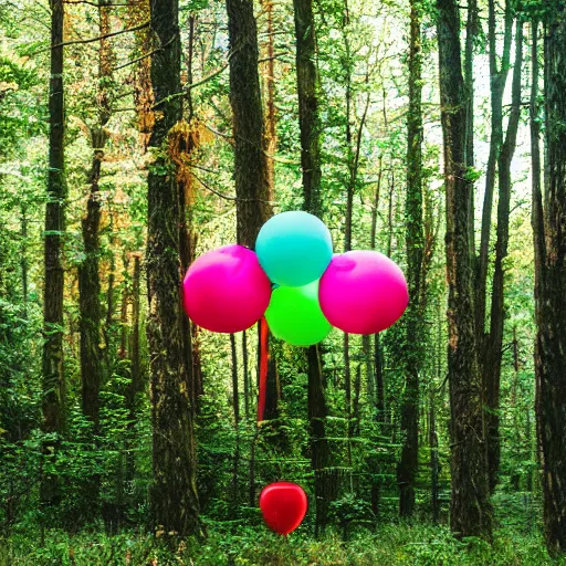 Image similar to An abandoned forest with colorful balloons, (Sony a7R IV, symmetric balance, polarizing filter, Photolab, Lightroom, 4K, Dolby Vision, Photography Award)