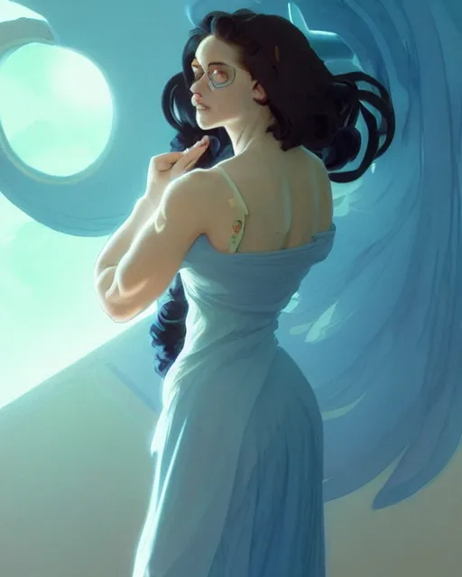 Image similar to a cyclop using a pale blue dress, dress, gentle, posing, vaporwave, bedroom, highly detailed, digital painting, artstation, concept art, smooth, sharp focus, illustration, art by artgerm and greg rutkowski and alphonse mucha