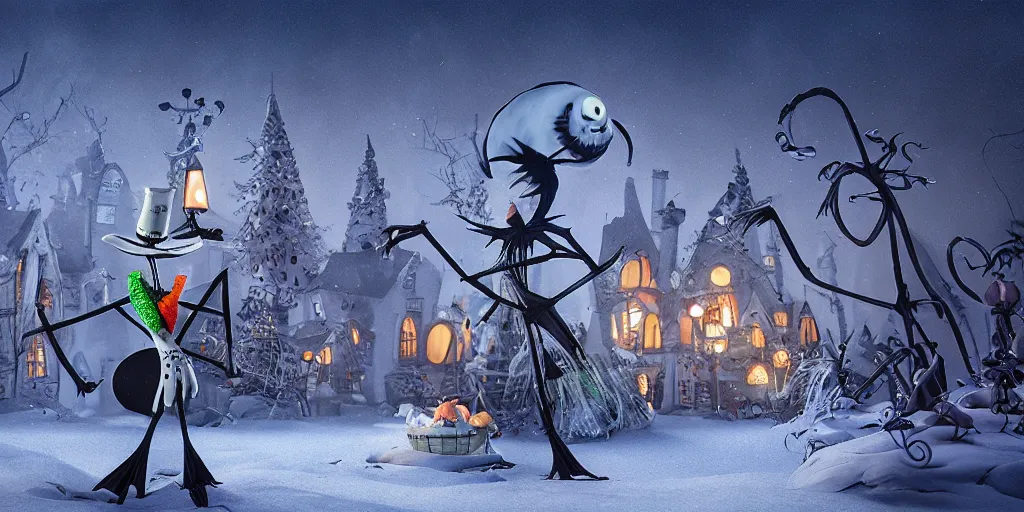 Prompt: a scene from tim burtons nightmare before christmas, illustration, reality, wide shot, light colors, highly detailed, sharp focus, cinema 4 d, 3 d, octane render