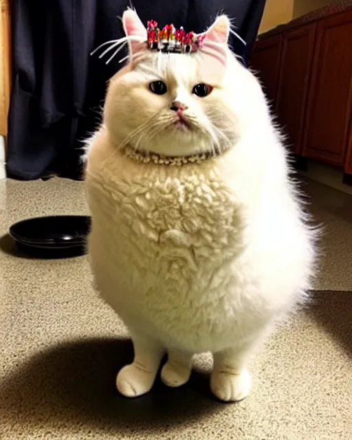 Image similar to Fluffy fat cat standing on two legs, wearing a crown, looking indignantly at the half-empty food bowl presented before her. Award-winning photograph, trending, funny, heartwarming