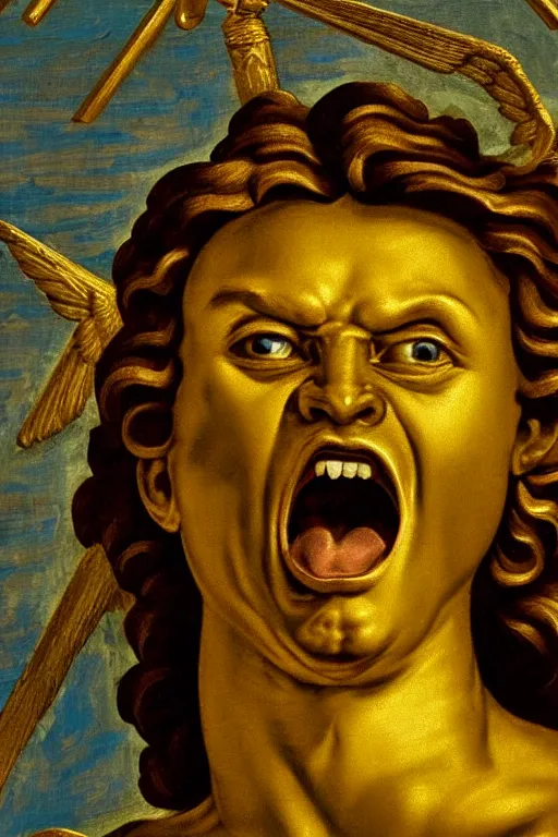 Image similar to archangel Michael, screaming face, closeup, ultra detailed, made in gold, Guido Reni style