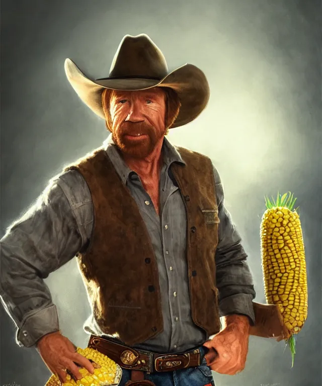 Image similar to chuck norris, cinematic, wearing a cowboy hat, holding a giant corn, elegant, highly detailed, digital painting, artstation, smooth, hard focus, illustration, art by jessica rossier and and brian froud
