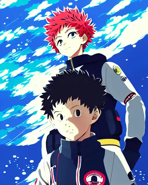 Image similar to ilya kuvshinov anime illustration of boku my hero academia underwater wearing yeezy streetwear, last exile, murata range, fine detail, perfect anime face, dramatic lighting, dynamic composition, art deco, cel shading, vivid, stippled lighting, rich texture, ( ( ( colorful ) ) )