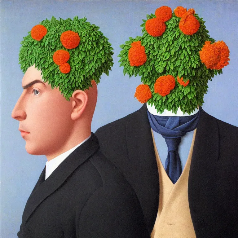 Image similar to portrait of a man, beautiful flowers are growing as his head, by rene magritte, detailed painting, hd, hq, high resolution, high detail, 4 k, 8 k