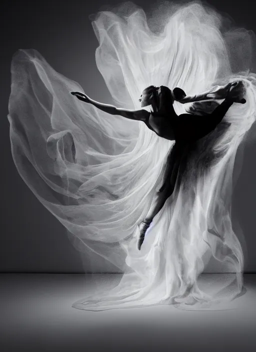 Image similar to a Photorealistic dramatic hyperrealistic render of a glamorous beautiful Female smoke dancer by Ken Brower and Deborah Ory of NYC Dance project,Lois Greenfield,Flowing cloth and smoke,Beautiful dynamic dramatic dark moody lighting,volumetric,shadows,cinematic atmosphere,Octane render,8K