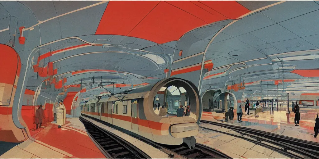 Image similar to soviet ussr retrofuturistic train station by syd mead, ralph mcquarrie, washed colours