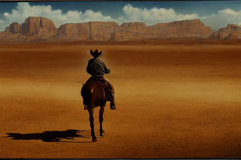 Image similar to a lone tired cowboy rides his horse in a vast desert valley, cinemascope, grand vista, greys and rust hues, fredrick remington, widescreen