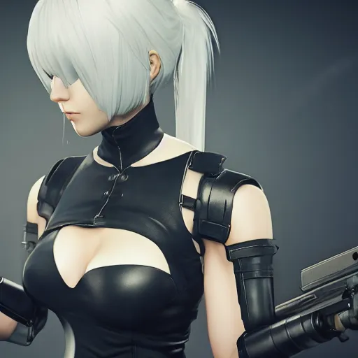 Prompt: 2B nier automata pointing a gun, 4k, realistic, unreal engine render, trending in artstation, artstationHD, artstationHQ