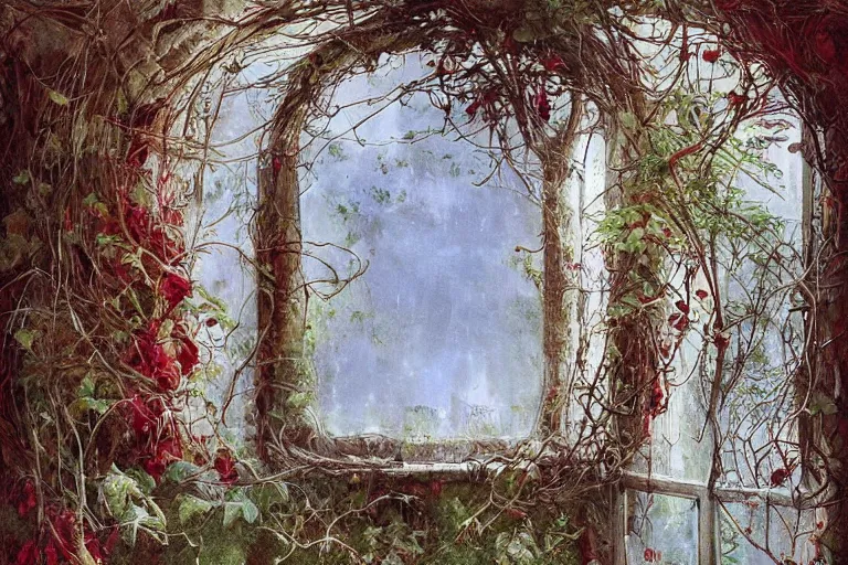 Prompt: shape ( ( ( ( ( circler window made of vines, limbs and vegetation ) ) ) ) ) by jean baptiste monge!!!!!!!!!!!!!!!!!!!!!!!!! chrome red