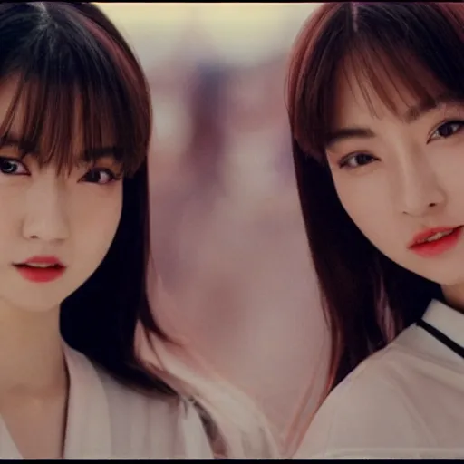 Image similar to 1990s, unbelievably beautiful, perfect, dynamic, epic, cinematic 8K HD movie shot of two semi-close-up japanese beautiful cute young J-Pop idols actresses girls, they express joy and posing together. By a Chinese movie director. Motion, VFX, Inspirational arthouse, high budget, hollywood style, at Behance, at Netflix, with Instagram filters, Photoshop, Adobe Lightroom, Adobe After Effects, taken with polaroid kodak portra