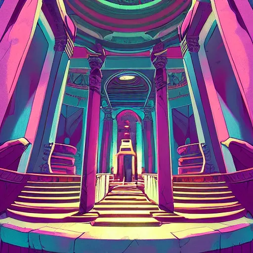 Prompt: Interior of Greek Temple the graphic style of Fiona Staples and Marvel Comics, hyper detailed, trending on artstation, glow, soft, volumetric, intricate, symmetric, Beautiful comic art