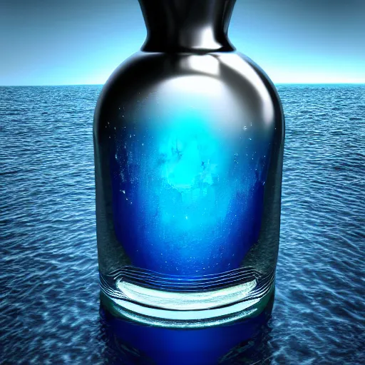 Image similar to surreal 3 d art of a human head in a bottle, on the ocean water, futuristic, glowing, hyper realistic, ray tracing, realistic water splashes, sharp focus, long shot, 8 k resolution, cinematic, photoshop art