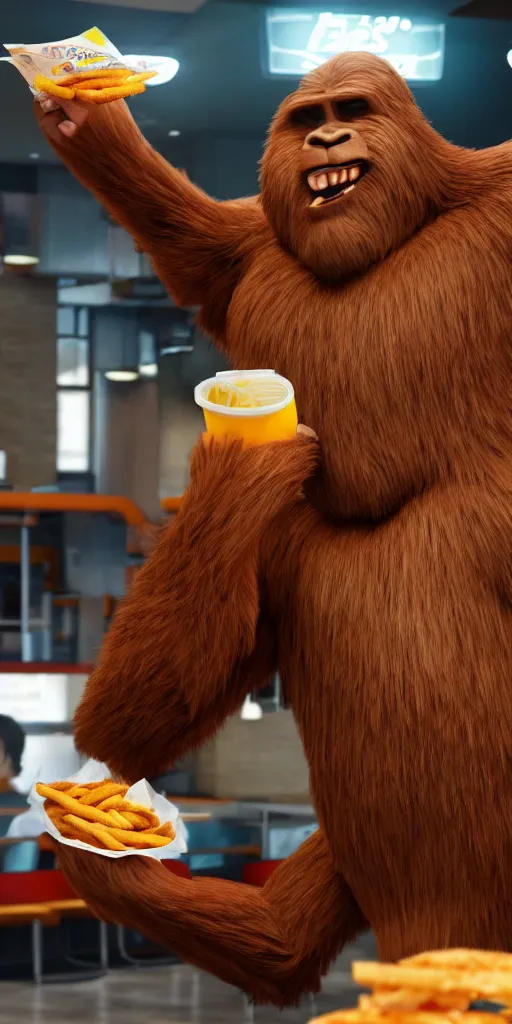 Prompt: flash photograph of bigfoot eating at a fast food restaurant, trending on artstation, 8k, highly detailed