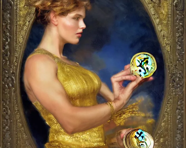 Prompt: attractive athletic woman magically holding a golden bitcoin, commercial by annie liebovitz, gaston bussiere, craig mullins, j. c. leyendecker