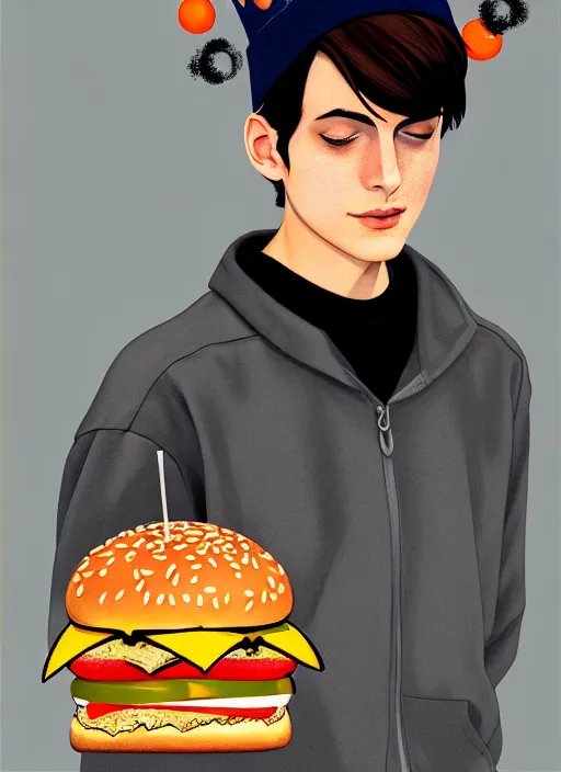 Image similar to portrait of teenage jughead jones wearing a light grey crown, symmetrical crown, hamburger background, eyes closed, crown, black hair, orange, intricate, elegant, glowing lights, warm lighting, highly detailed, digital painting, artstation, concept art, smooth, sharp focus, illustration, art by wlop, mars ravelo and greg rutkowski