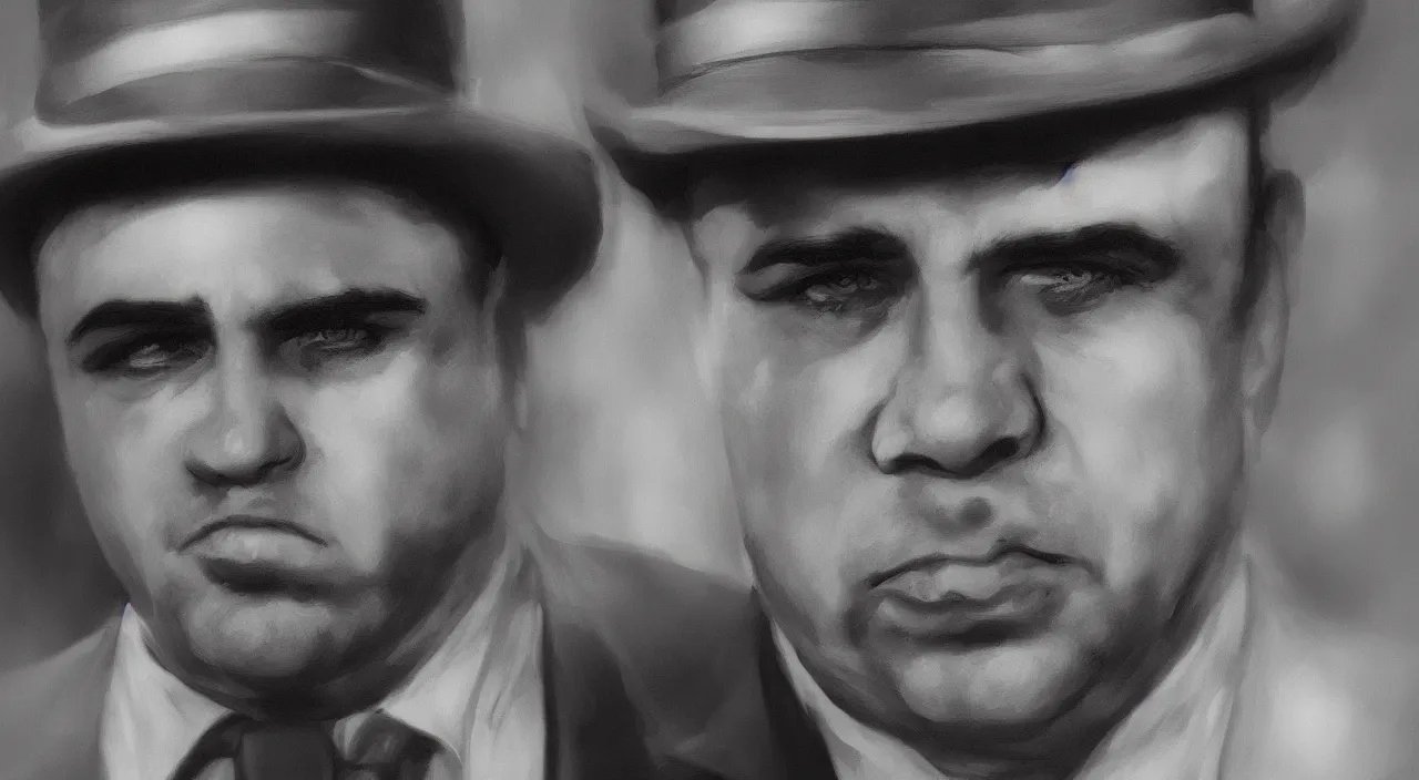 Prompt: Al Capone portrait in the woods, dirty and sweaty, angry, hyperdetailed, artstation, cgsociety, 8k