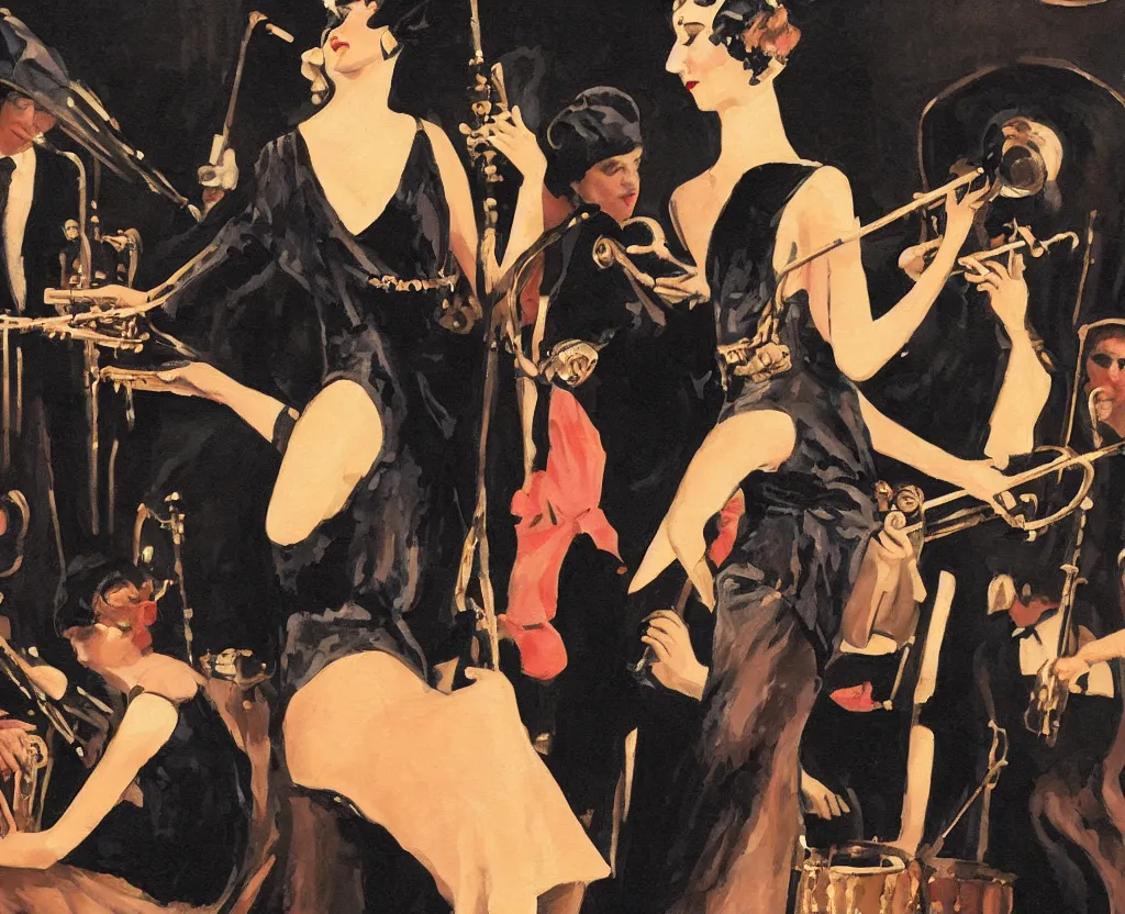 Prompt: realistic painting of a 1 9 2 0 s short - haired flapper woman in black satin gloves dancing in front of a jazz band that is on stage in a dimly lit speakeasy, jazz age, precise, wide lens photography, cohesive, stylistic, cinematic, low - lighting