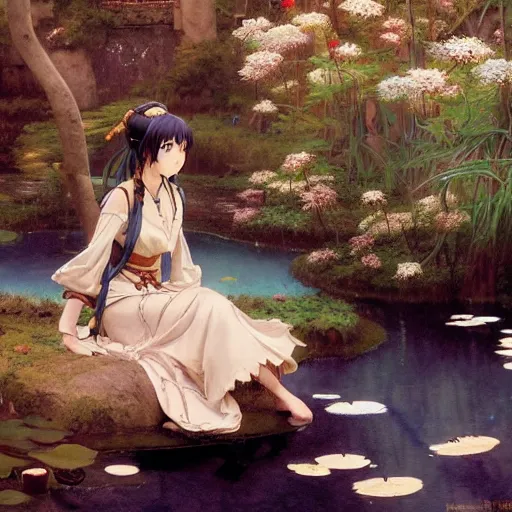 Image similar to isekai masterpiece drawn by bowater charlie, cabanel alexandre, james c. christensen, cornwell dean, of a beautiful anime girl sitting in a pond filled with lily pads and koi fish