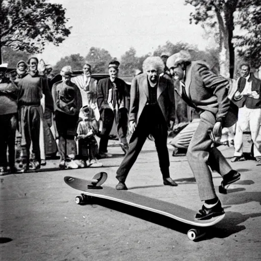 Prompt: vintage photo of albert einstein doing skateboard tricks at a park while a crowd of people watches, circa 1 6 0 0, award - winning shot