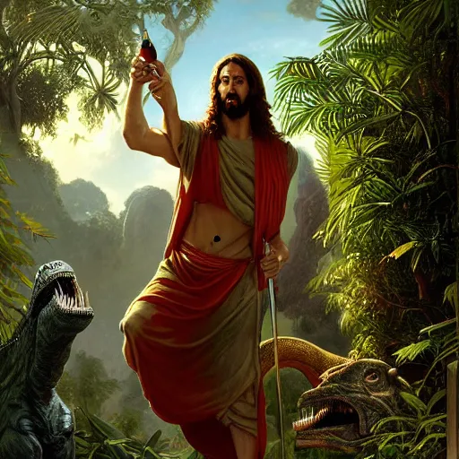 Image similar to a detailed matte painting of a ridiculously good looking jesus who is best friends forever with a tyrannosaurus rex, elegant ancient greek dress, jungle as the background, drinking a martini, very detailed, beautiful, intricate, art by greg rutkowski and robert e howard, octane render