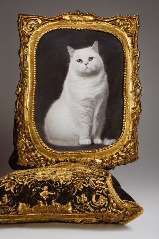 Prompt: a magnificent tintype portrait of a fluffy fat cat on an embroidered velvet cushion on a neo - rococo gilded little bed with precious stones, ball of yarns all around, photorealistic, photography, wide shot