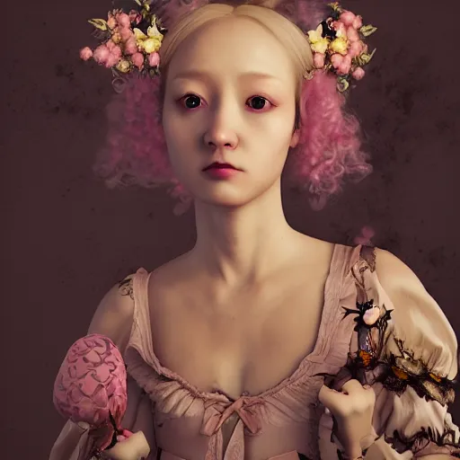 Prompt: 8 k, octane render, realism, tonalism, renaissance, rococo, baroque, cotton candy, portrait of a creepy young lady wearing long - harajuku manga - dress with flowers and skulls