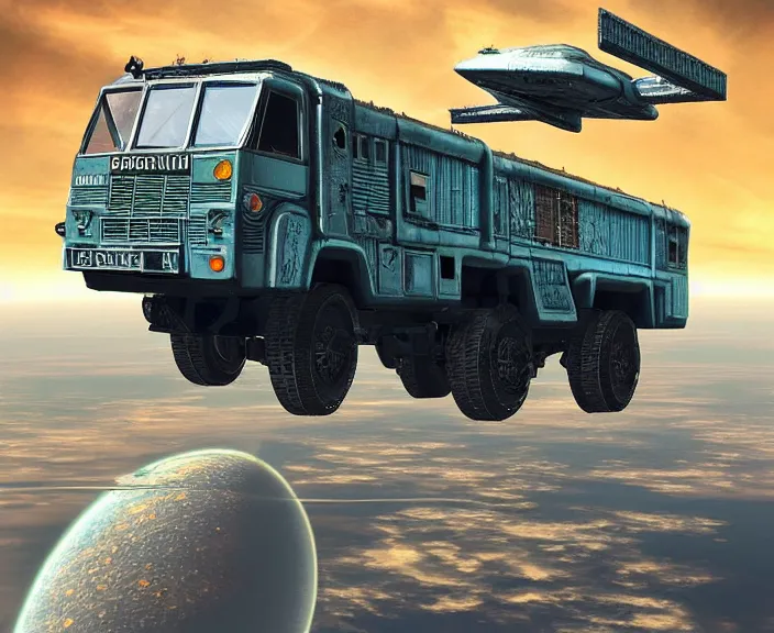 Image similar to russian truck zil - 1 3 0 fly in space in orbit of the planet earth, hyper detailed, hight detailed, futuristic, ultra realistic, cyberpunk, steampunk, no blur, 8 k