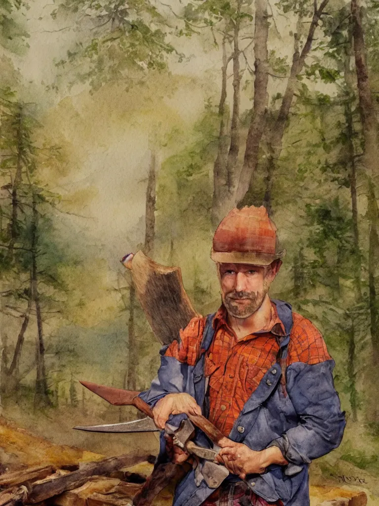 Image similar to a watercolor painting of a man wearing lumberjack clothes and holding a axe by william turner, forest in the background, warm colors, anatomically correct, five fingers, realistic and defined face, realistic, digital painting, masterpiece, watercolor, william turner, symmetrical, low contrast, warm