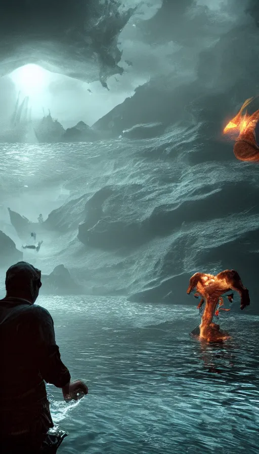 Image similar to man on boat crossing a body of water in hell with creatures in the water, sea of souls, with cryengine