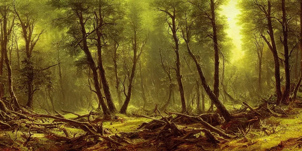 Prompt: 'nature painting of a fractured forest, trending on ArtStation. Extremely detailed and intricate art by Albert Bierstadt!'