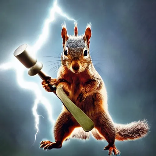 Image similar to the squirrel thor ~ holding his hammer ~ dramatic thunder background ~ fighting scene ~