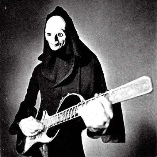Image similar to bert jansch dresses as count orlok for halloween, playing guitar, photograph, 1 9 6 9