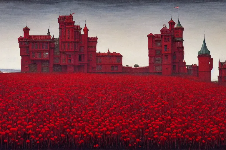 Image similar to only with red, red flowers of different types, red castle in background, red medieval big goblins, in the style of beksinski, parts by edward hopper, parts by rodcenko, parts by yue minjun, intricate and epic composition, red by caravaggio, insanely quality, highly detailed, masterpiece, red light, artstation, 4 k