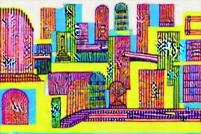 Image similar to an elaborate penned child illustration of a colorful intricate connected city of tubes and pipes, by martin handford and by jan van haasteren