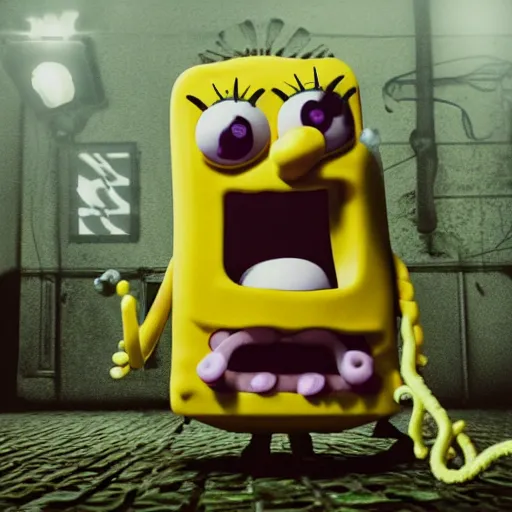 Image similar to ominous spongebob staring into your soul with realistic, slimy, tentacles in background, scary, rendered in blender, horror, gloomy, dark, terrifying, terror, frightful, super detailed octane render,