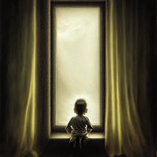 Prompt: Curtain Ghost by Mark Arian, dark, horror, surrealism, horror scene of a child staring outside the window. Screaming for help by Santiago Caruso, Stefan Koidl and Kentaro Miura