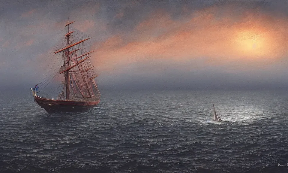Prompt: a glowing tall ship sailing in the ocean by lee madgwick