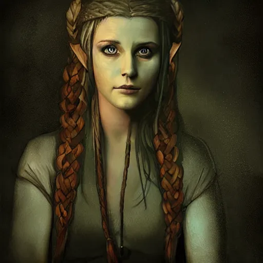 Prompt: a sullen female elf druid in dark clothes with a long dark braid, dnd character art portrait, by katia chausheva,