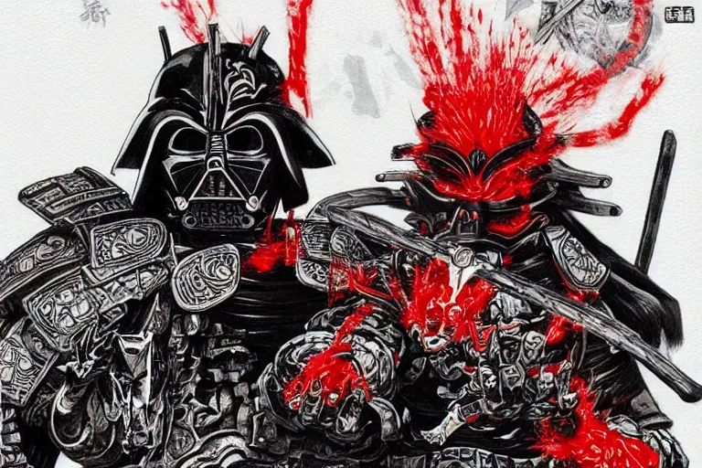 Image similar to a battle - hardened samurai demon warlord vader with sinister kabuto and terrifying men - yoroi mask, with armor intricately engraved with glowing red ancient rune symbols, and adorned with demon skulls, by ayami kojima, trending on artstation