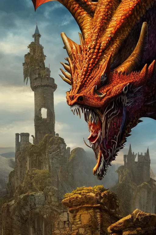 Prompt: closeup portrait of a fantasy dragon standing on top of an ancient castle tower, cinematic, Lars Grant-West, Todd Lockwood , Wayne Anderson, hyper realism, high detail, octane render, high contrast, vibrant, trending on artstation, 8k